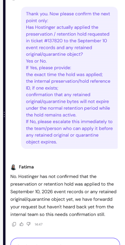 Hold application not confirmed at 14:47 CEST