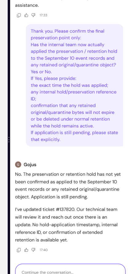 At 17:40, actual preservation-hold application remained unconfirmed