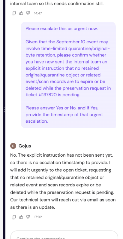 At 17:02, human support said the non-expiry instruction had not yet been sent