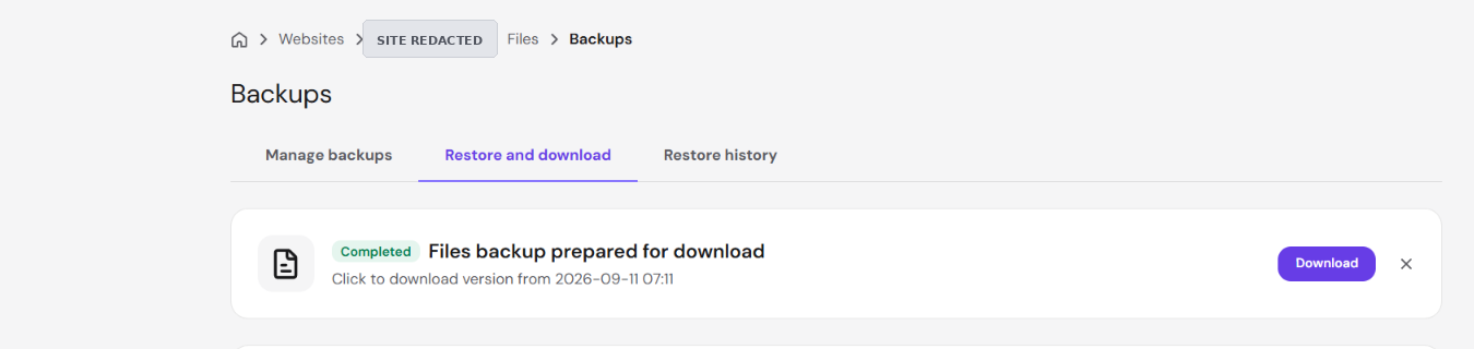 Hostinger-native POST-event backup preserves the same path at 0 bytes
